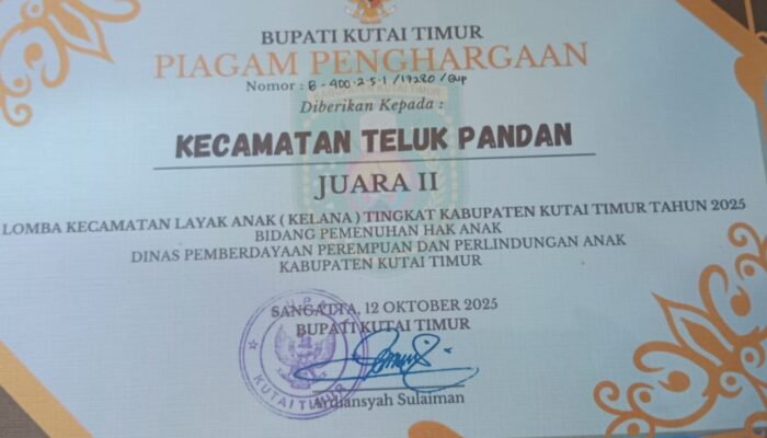 HUT Kab Kutai Timur Ke 26, Kecamatan Teluk Pandan Raih Piagam Penghargaan KELANA Dari Pemerintah Kabupaten Kutai Timur