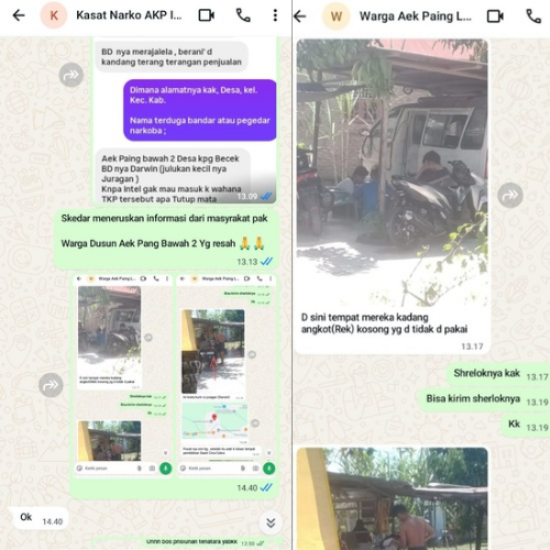 (Teksphoto: Bukti screnshoot aduan masyarakat Aek Paing yang diteruskan ke Kasat Narkoba Polres Labuhanbatu pada 03 November 2025 lalu)