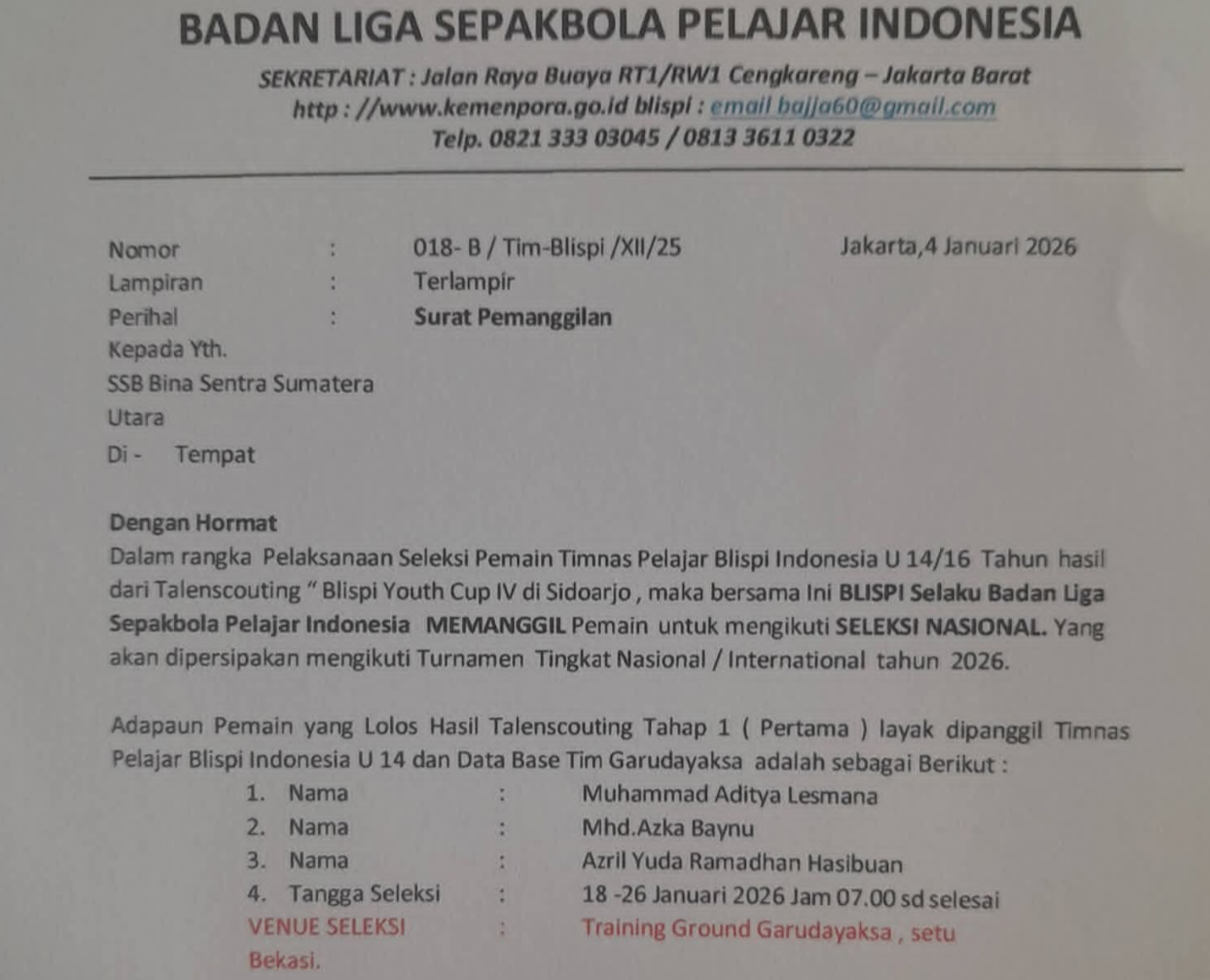 (Teksphoto: Surat pemanggilan seleksi oleh BLISPi)