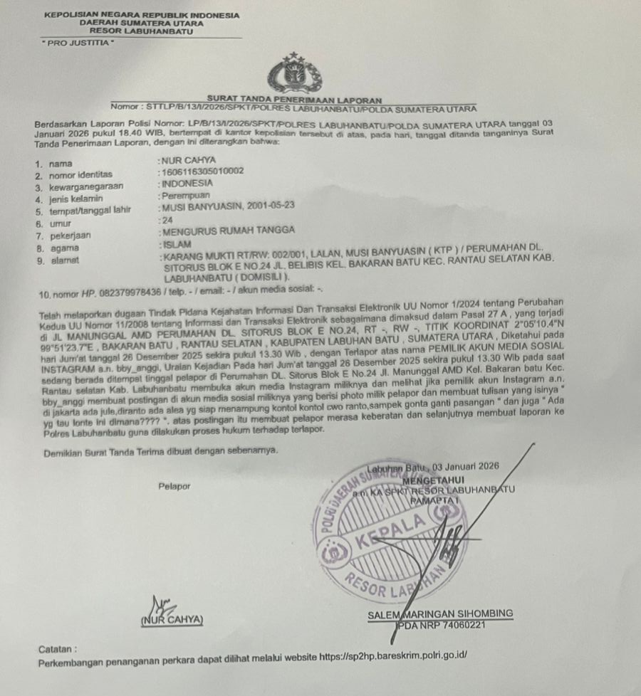 (Teksphoto: Surat Tanda Penerimaan Laporan/Polres Labuhanbatu)